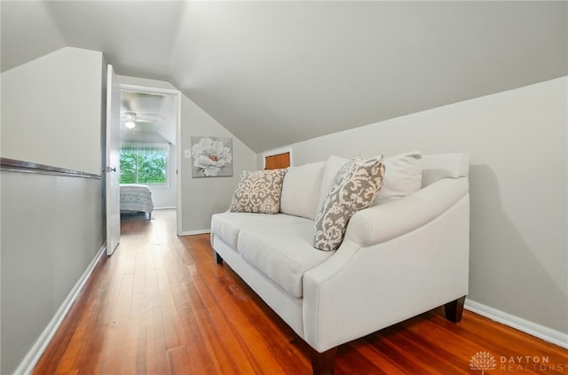 2540 Acorn Dr, Kettering, OH 45419 - living area with hardwood / wood-style floors, lofted ceiling, and ceiling fan