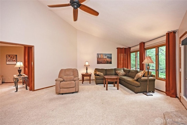 1241 Wind Field Ct, Washington Twp, OH 45458 - living room featuring light carpet, a ceiling fan, and high vaulted ceiling
