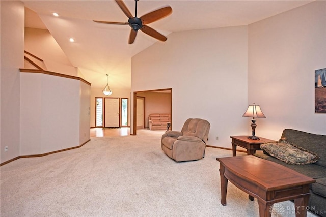 1241 Wind Field Ct, Washington Twp, OH 45458 - living room with ceiling fan, light carpet, and high vaulted ceiling