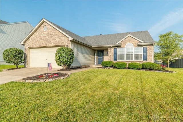 21 Meadowcrest Dr, Franklin, OH 45005 - ranch-style home with brick siding, a garage, a front yard, and driveway