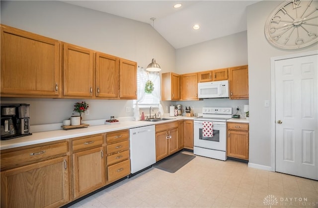 21 Meadowcrest Dr, Franklin, OH 45005 - kitchen with white appliances, light countertops, brown cabinetry, recessed lighting, and high vaulted ceiling