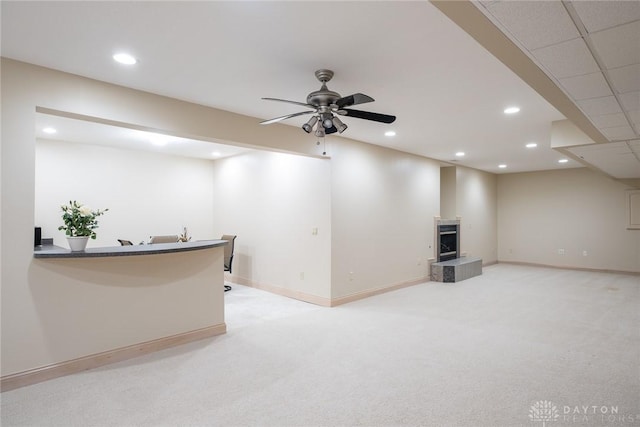337 Yorkshire Ln, Beavercreek Twp, OH 45385 - bar area featuring recessed lighting, light carpet, a fireplace, and a ceiling fan