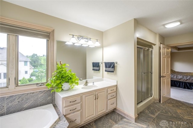 337 Yorkshire Ln, Beavercreek Twp, OH 45385 - bathroom featuring a stall shower, vanity, connected bathroom, and a bath