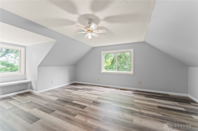 405 Hyde Park Dr, Hamilton, OH 45013 - additional living space with healthy amount of natural light, ceiling fan, wood finished floors, lofted ceiling, and a textured ceiling