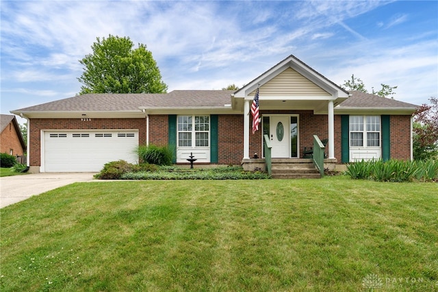 9256 Amchar Ct, Dayton, OH 45458 - ranch-style home featuring a garage, concrete driveway, a front lawn, and brick siding