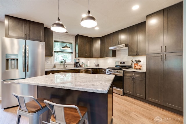 9256 Amchar Ct, Dayton, OH 45458 - kitchen featuring stainless steel appliances, under cabinet range hood, dark brown cabinetry, light wood-type flooring, and backsplash