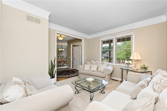1027 W Bridlepath Ln, Miami Twp, OH 45140 - living room featuring a chandelier, crown molding, and light colored carpet