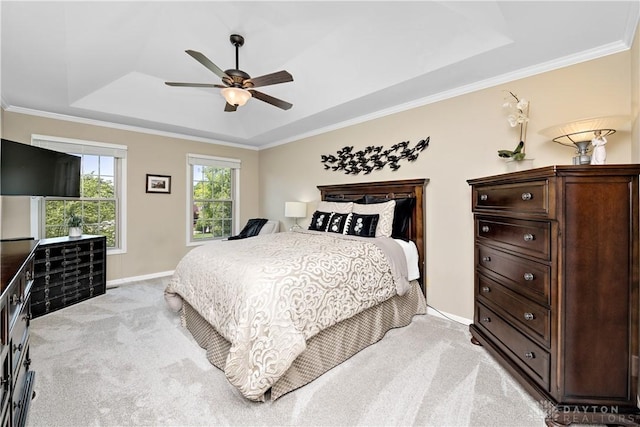 1027 W Bridlepath Ln, Miami Twp, OH 45140 - bedroom featuring a tray ceiling, light colored carpet, crown molding, and ceiling fan