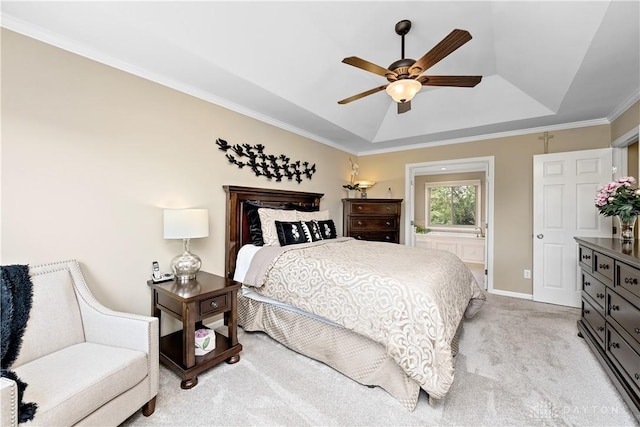 1027 W Bridlepath Ln, Miami Twp, OH 45140 - bedroom with a tray ceiling, light carpet, crown molding, and a ceiling fan