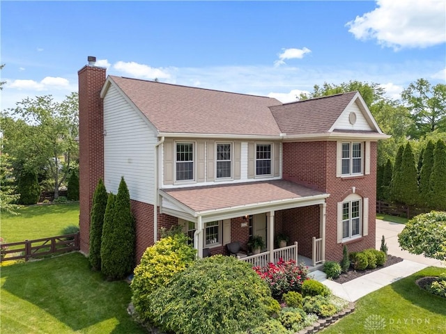 1027 W Bridlepath Ln, Miami Twp, OH 45140 - view of front of home with a chimney, a porch, brick siding, and a shingled roof