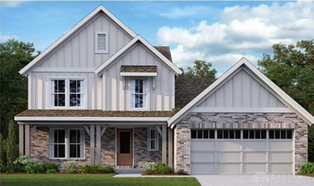 2387 Forest Oaks Dr, Beavercreek, OH 45431 - modern farmhouse featuring board and batten siding, a garage, concrete driveway, brick siding, and a front lawn