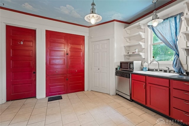 2311 S Dixie Dr, Kettering, OH 45409 - kitchen featuring stainless steel appliances, open shelves, decorative light fixtures, and crown molding
