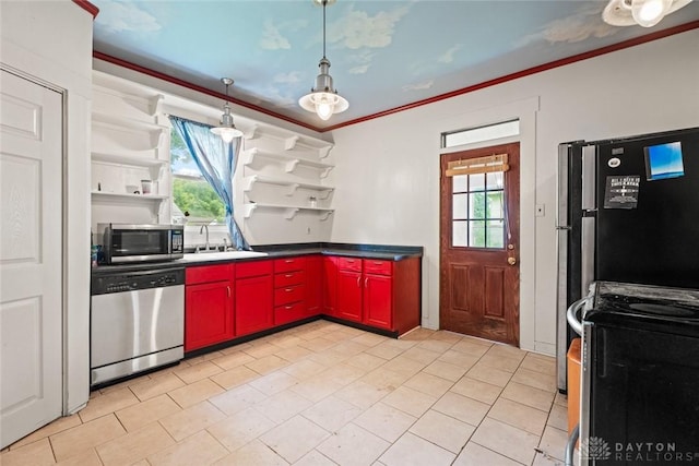 2311 S Dixie Dr, Kettering, OH 45409 - kitchen featuring appliances with stainless steel finishes, red cabinets, ornamental molding, open shelves, and light tile patterned floors
