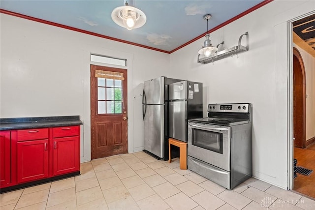 2311 S Dixie Dr, Kettering, OH 45409 - kitchen with stainless steel appliances, ornamental molding, dark brown cabinets, and dark countertops