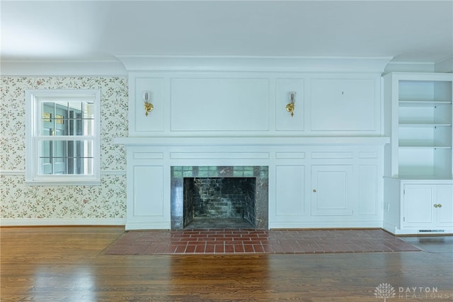 1919 Tait Circle Rd, Kettering, OH 45429 - detailed view of crown molding, wood finished floors, wallpapered walls, and a tile fireplace