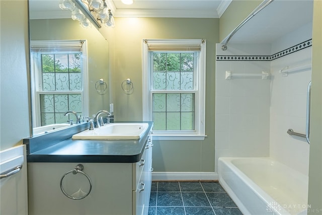 1919 Tait Circle Rd, Kettering, OH 45429 - bathroom with vanity, shower / bathtub combination, crown molding, and tile patterned flooring