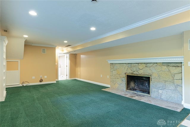 1919 Tait Circle Rd, Kettering, OH 45429 - unfurnished living room with ornamental molding, carpet flooring, a fireplace, and recessed lighting