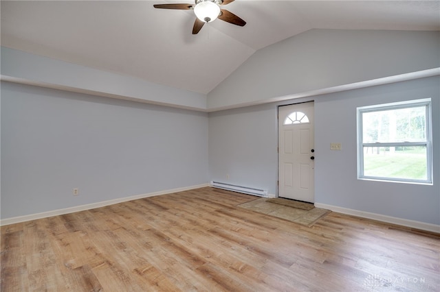 1717 Pershing Ave, Middletown, OH 45044 - entryway with a baseboard heating unit, ceiling fan, lofted ceiling, and light wood-type flooring