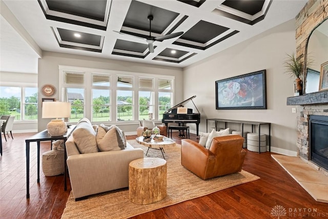 79 White Beech Ct, Springboro, OH 45066 - living area with a fireplace, hardwood / wood-style floors, coffered ceiling, a ceiling fan, and beamed ceiling
