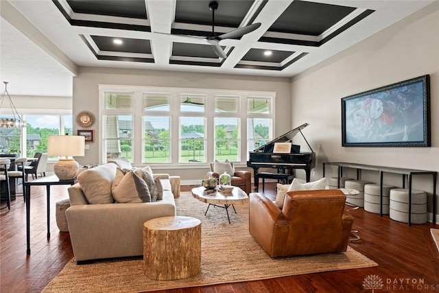 79 White Beech Ct, Springboro, OH 45066 - living room featuring ceiling fan, plenty of natural light, coffered ceiling, hardwood / wood-style flooring, and beamed ceiling