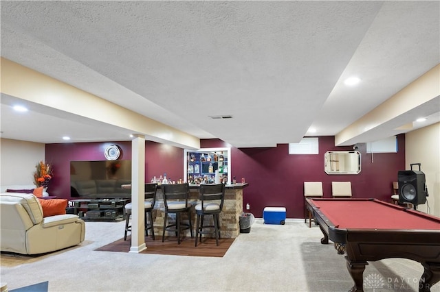 12052 Doe Run Ct, Springfield Twp, OH 45240 - playroom featuring carpet, recessed lighting, a dry bar, billiards, and a textured ceiling