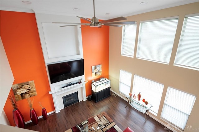 12052 Doe Run Ct, Springfield Twp, OH 45240 - living area with a ceiling fan, dark wood finished floors, and a tile fireplace