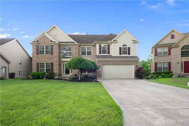 12052 Doe Run Ct, Springfield Twp, OH 45240 - traditional home featuring brick siding, driveway, a front lawn, an attached garage, and a shingled roof
