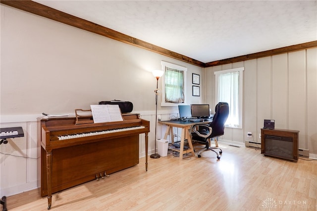 4675 Dearth Rd, Franklin Twp, OH 45005 - office space with wood finished floors, a decorative wall, baseboard heating, and wainscoting