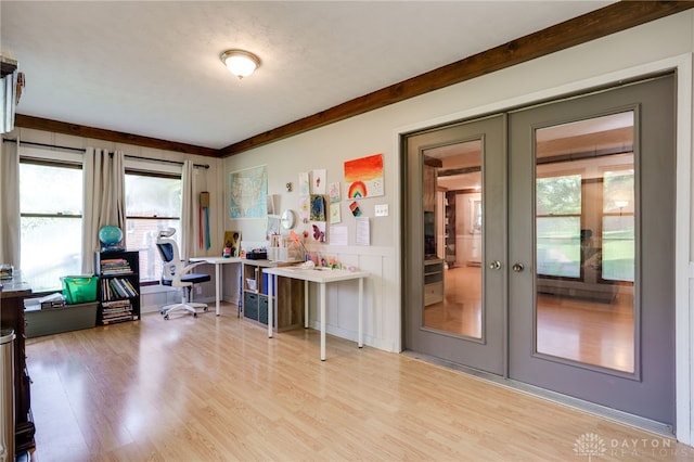 4675 Dearth Rd, Franklin Twp, OH 45005 - office with french doors, light wood finished floors, and a wainscoted wall