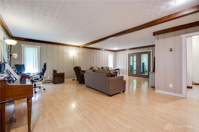 4675 Dearth Rd, Franklin Twp, OH 45005 - living room with light wood finished floors, an office area, beamed ceiling, and french doors