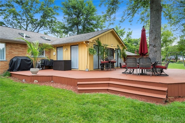440 David Ln, Mason, OH 45040 - wooden terrace with a grill, outdoor dining space, and a yard