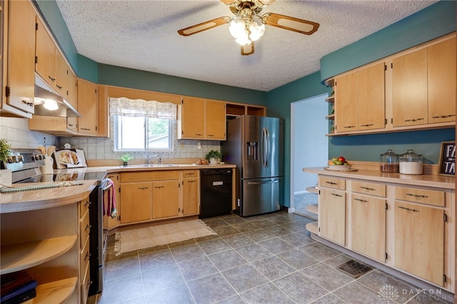 5587 Penn Ave, Riverside, OH 45432 - kitchen featuring open shelves, appliances with stainless steel finishes, under cabinet range hood, tasteful backsplash, and light countertops