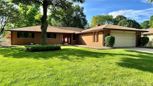 521 Park Ridge Dr, Centerville, OH 45459 - single story home featuring an attached garage, brick siding, a front yard, concrete driveway, and a chimney