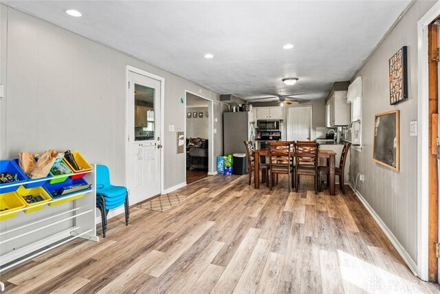 3878 State Route 49, Arcanum, OH 45304 - dining area featuring light wood-style floors, a ceiling fan, and recessed lighting