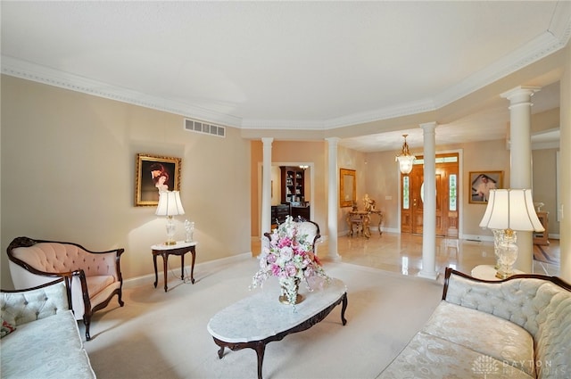 655 Devanshae Ct, Hamilton, OH 45013 - living area with decorative columns, crown molding, and light carpet