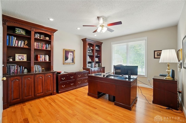 655 Devanshae Ct, Hamilton, OH 45013 - office featuring ceiling fan, light wood-style floors, a textured ceiling, and recessed lighting