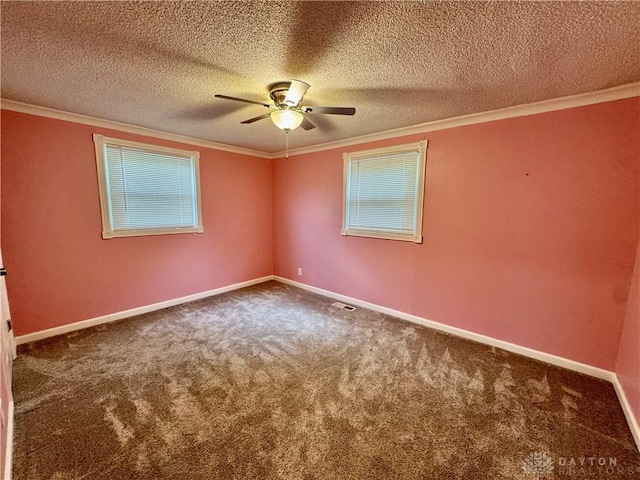 3626 Merwin 10 Mile Rd, Oh, OH 45245 - empty room featuring crown molding, ceiling fan, carpet flooring, plenty of natural light, and a textured ceiling
