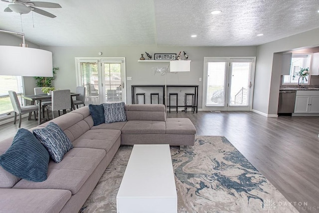 881 Garver Rd, Monroe, OH 45044 - living area with a textured ceiling, healthy amount of natural light, a ceiling fan, wood finished floors, and recessed lighting