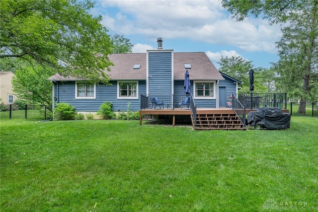 195 Sycamore Creek Dr, Springboro, OH 45066 - rear view of property with a deck, a chimney, a fenced backyard, and a shingled roof