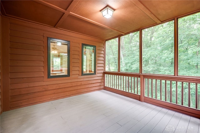 4911 Arabian Dr, Fairborn, OH 45324 - unfurnished sunroom featuring wood finished floors, wooden walls, and wood ceiling