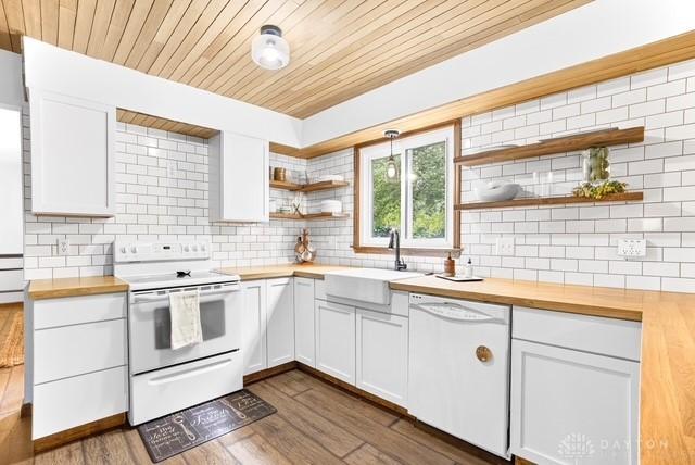 116 Whisman Dr, Middletown, OH 45042 - kitchen with white appliances, open shelves, wooden counters, dark wood-style floors, and wood ceiling