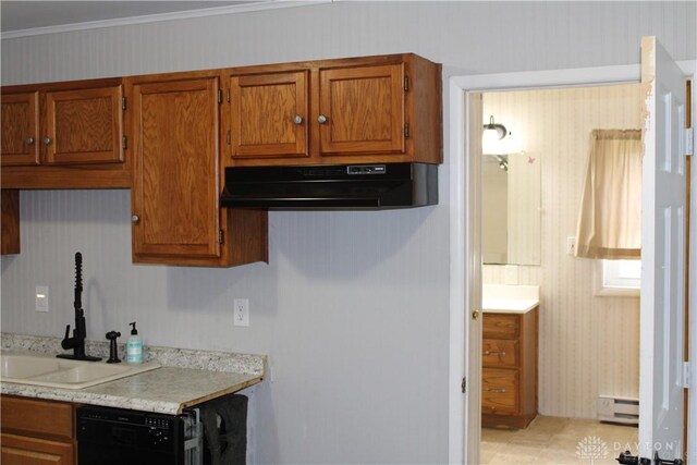 302 W 1st St, Arcanum, OH 45304 - kitchen with under cabinet range hood, baseboard heating, black dishwasher, light countertops, and brown cabinetry