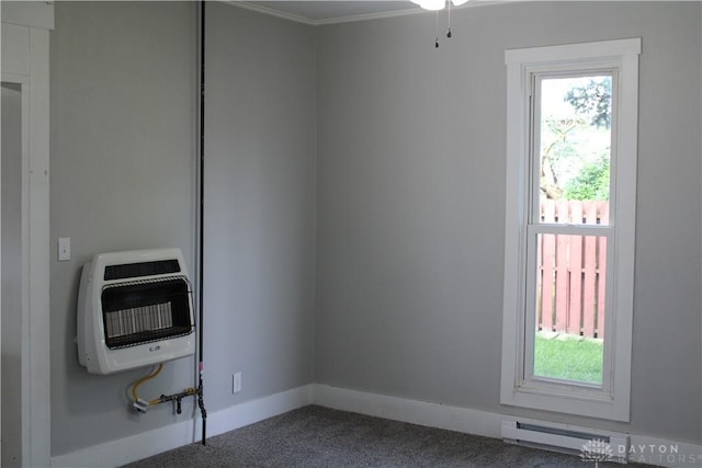 302 W 1st St, Arcanum, OH 45304 - unfurnished room with heating unit, carpet floors, ornamental molding, and a baseboard heating unit