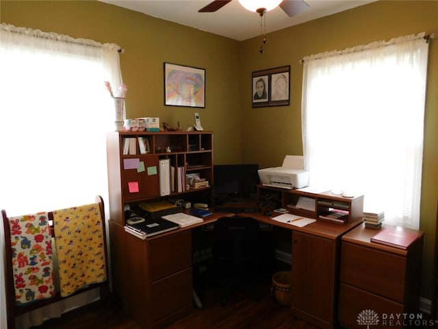 316 Center St, Lebanon, OH 45036 - office area with plenty of natural light, dark wood-style flooring, and ceiling fan