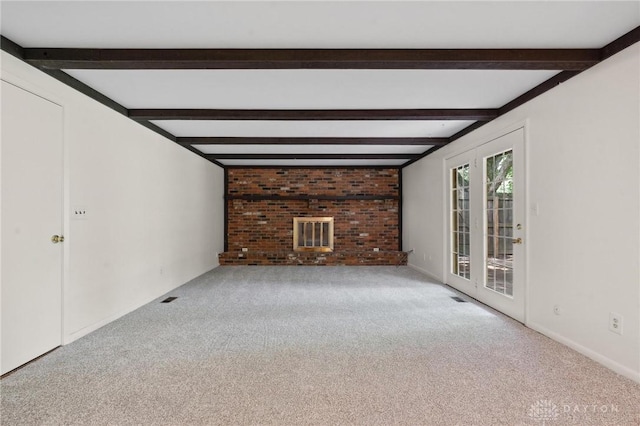 1620 Ambridge Rd, Dayton, OH 45459 - unfurnished living room with carpet, beam ceiling, and a fireplace