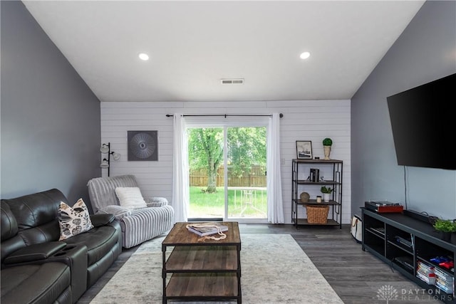 160 Worthington Dr, Germantown, OH 45327 - living room featuring wooden walls, vaulted ceiling, dark wood-type flooring, and recessed lighting