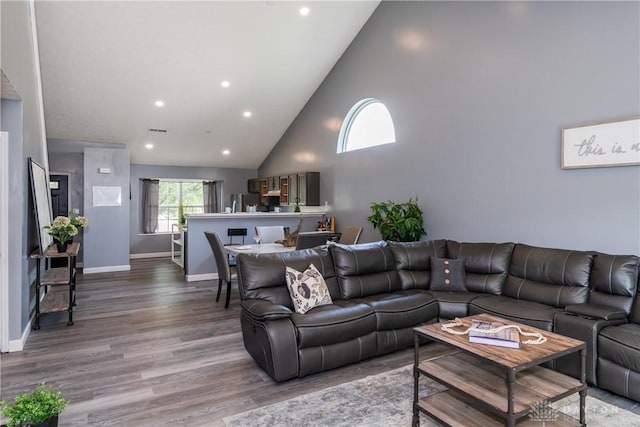 160 Worthington Dr, Germantown, OH 45327 - living room with high vaulted ceiling, wood finished floors, and recessed lighting