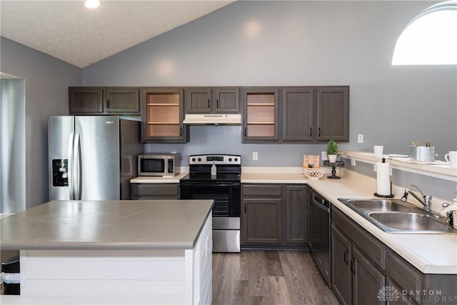 160 Worthington Dr, Germantown, OH 45327 - kitchen with stainless steel appliances, under cabinet range hood, lofted ceiling, dark wood-style floors, and light countertops