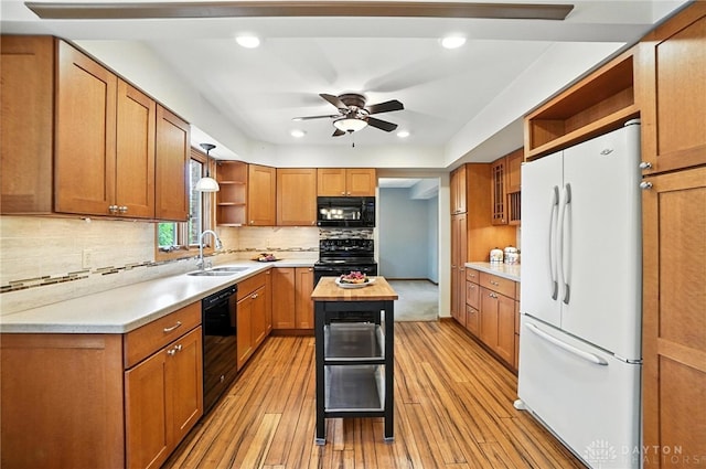 356 Saint James Pl, Springboro, OH 45066 - kitchen featuring black appliances, open shelves, ceiling fan, light wood-style flooring, and light countertops