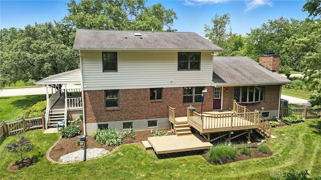 356 Saint James Pl, Springboro, OH 45066 - back of house with brick siding, a chimney, stairway, a shingled roof, and a deck